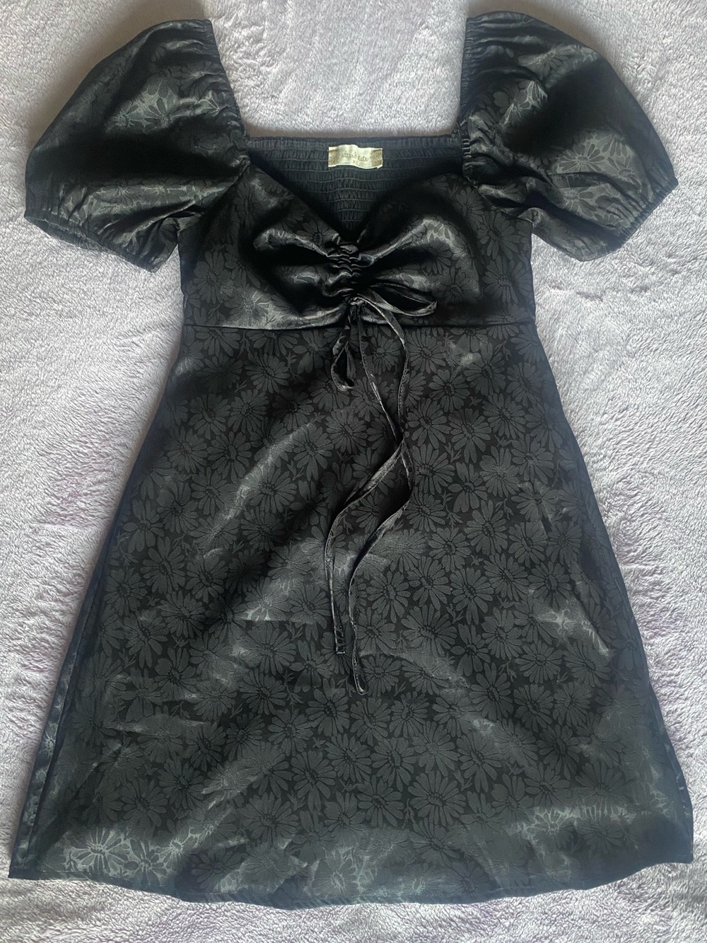 Altar’d State Jocelyn Black Satin Daisy Jacquard Puff Sleeve Mini Dress XS